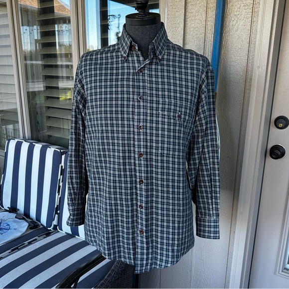 BILL’S KHAKIS Men’s Navy & Green Plaid Cotton Blend Button Down Shirt - Sz Large - Picture 8 of 14